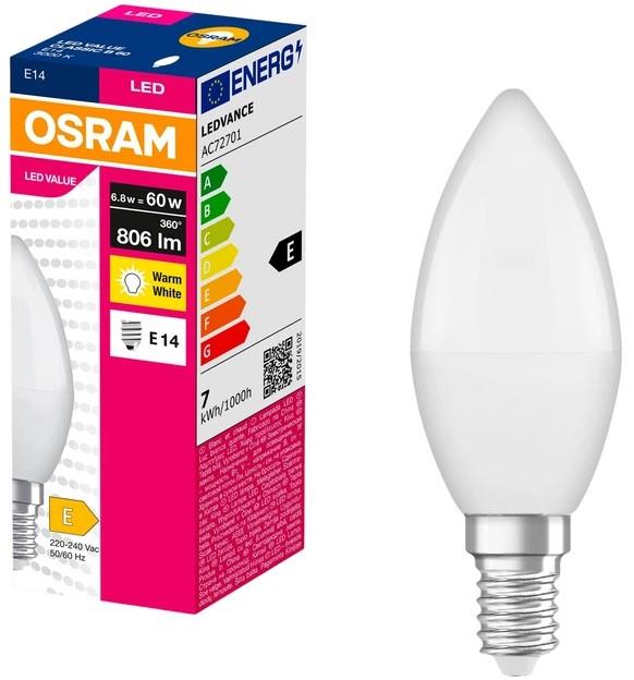 Лампа OSRAM LED E14 6.8Вт 3000К 806Лм В60 VALUE