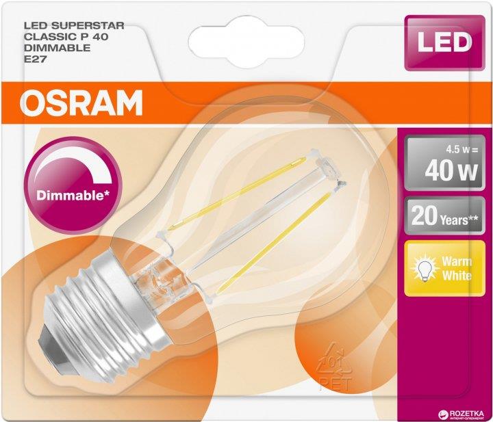 Светодиодная лампа Osram LED P40 5W (470Lm) 2700K E27 филамент диммируемая