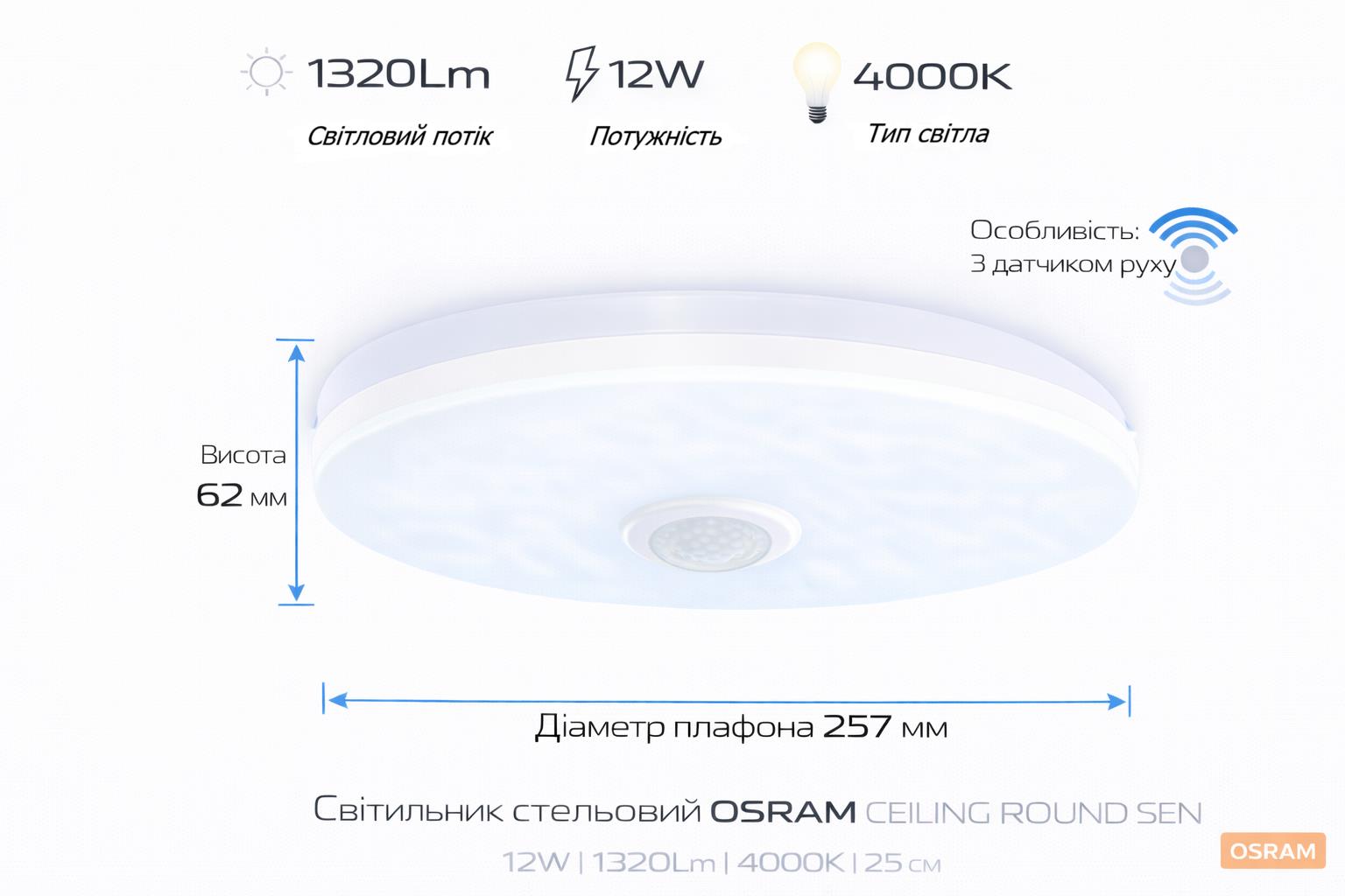Світильник накладний з датчиком руху OSRAM CEILING ROUND 12Вт 4000K 960Лм