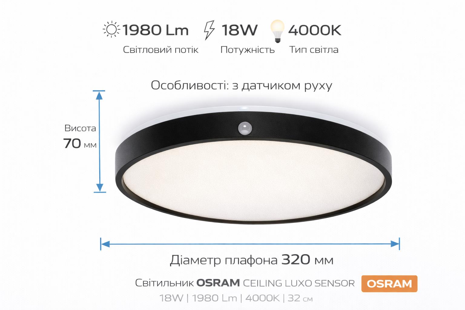 Світильник накладний з датчиком руху OSRAM CEILING LUXO 18Вт 4000К чорний