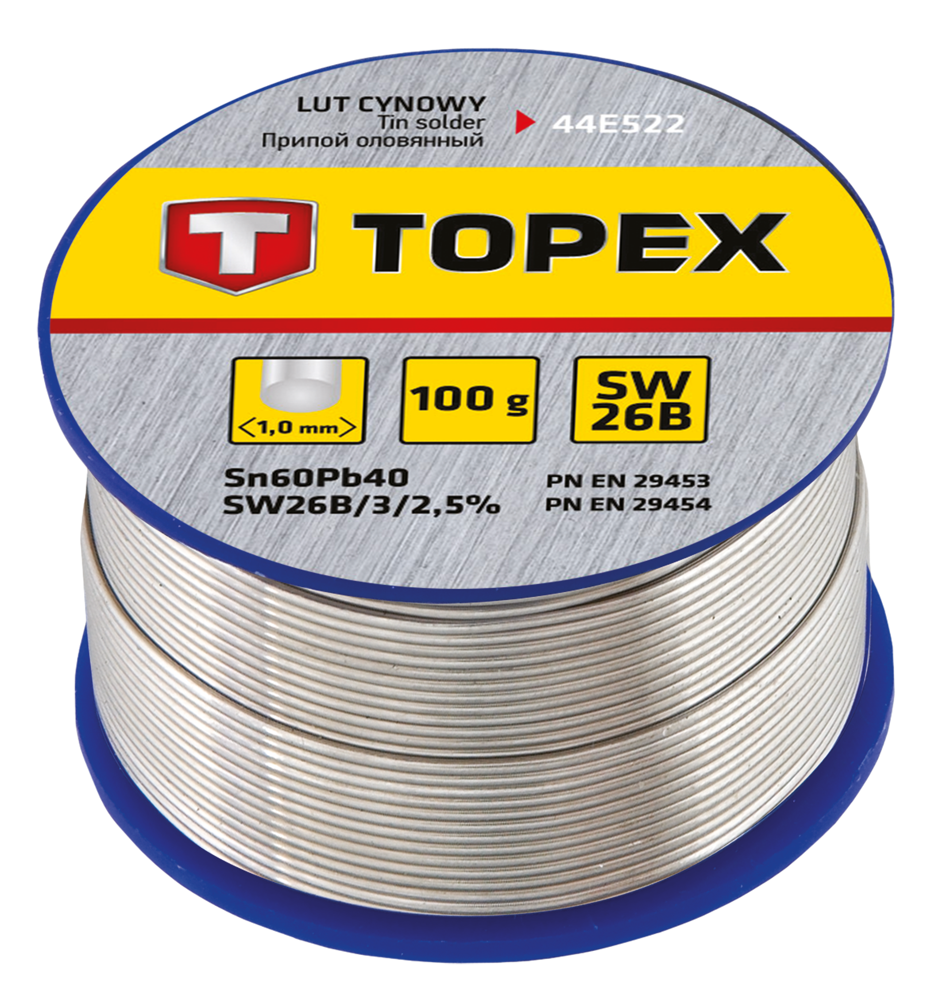 Припій олов’яний TOPEX Sn60Pb40 флюс SW26B дріт 1мм 100гр