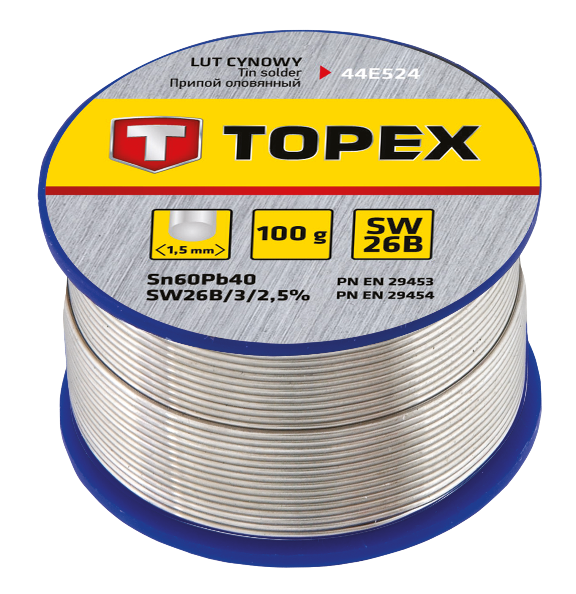 Припій олов'яний TOPEX Sn60Pb40 флюс SW26B дріт 1.5мм 100гр