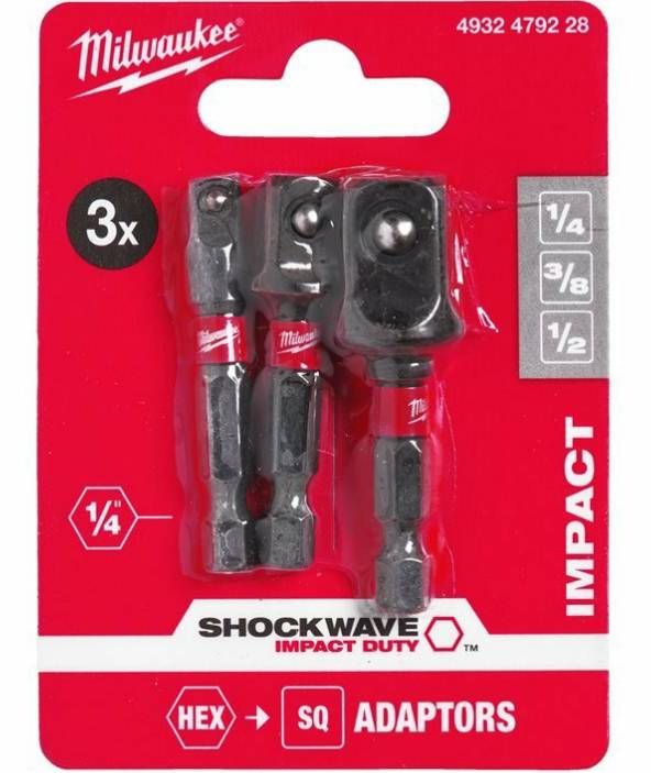 Перехідник Milwaukee, 1/4",3/8",1/2", для торцевих головок, набір 3шт