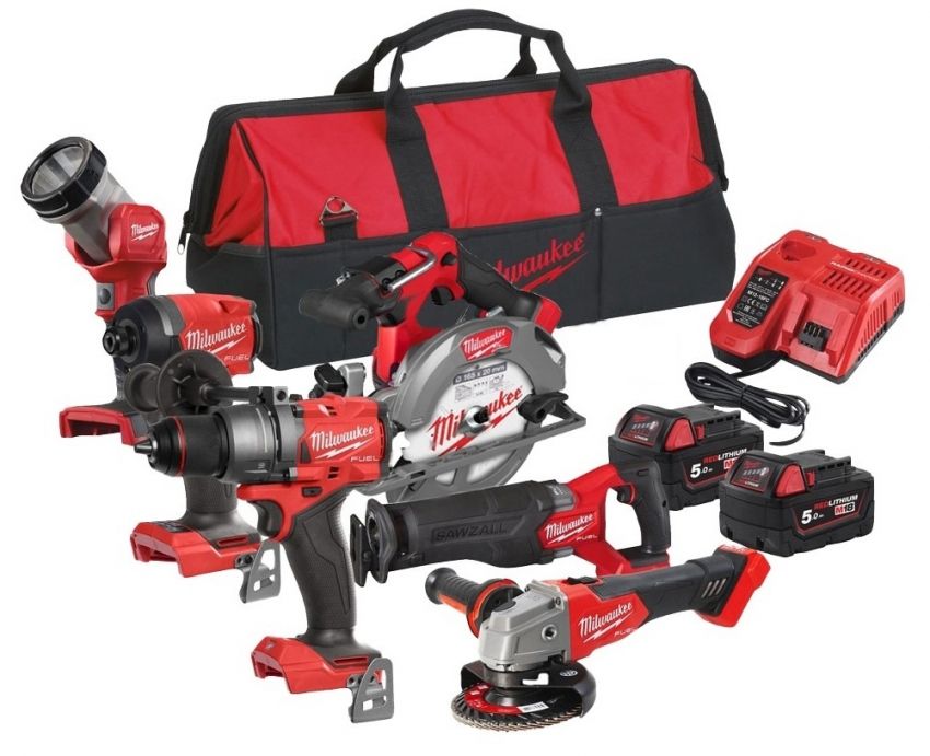 Набір із шести акумуляторних інструментів Milwaukee M18 FPP6G3-502B 18В шурупокрут-дриль M18 FPD3 гвинтоверт ударний M18 FID3 кутова шліфувальна машина M18 FSAG125X пила дискова M18 CCS55 пилка шабельна M18 FSZ ліхтар M18 TLED-0 акб М18 2х5А·год ЗП M12-18FC TURBO сумка