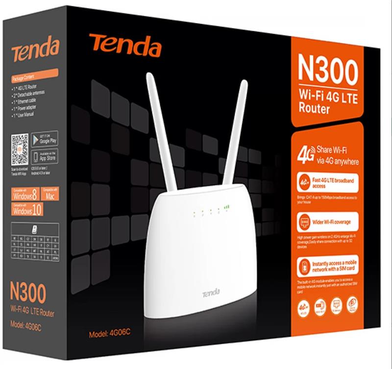 Маршрутизатор TENDA 4G06C N300, 4G/LTE, 1xFE LAN, 1xFE LAN/WAN, 1xRJ11, Cлот для SIM-карти