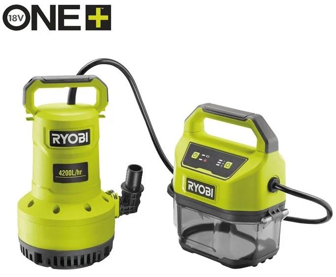 Насос для брудної та чистої води акумуляторний Ryobi ONE+ RY18SPA-0 18В 4200л/год висота перекачування 8м занурення 5м штуцер 1" таймер відключення захист сухого ходу 4кг без АКБ та ЗП