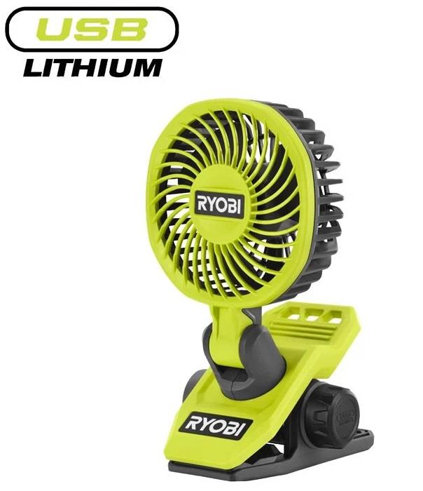 Вентилятор акумуляторний кліпса Ryobi USB Lithium RCF4-0 4В 3800об/хв обертання 325° поворот 180° 2 швидкості 0.29кг без АКБ та ЗП