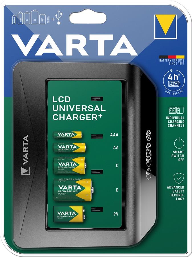 Зарядний пристрій Varta LCD Universal Charger Plus 4хAA/AAA/C/D, 1х9В