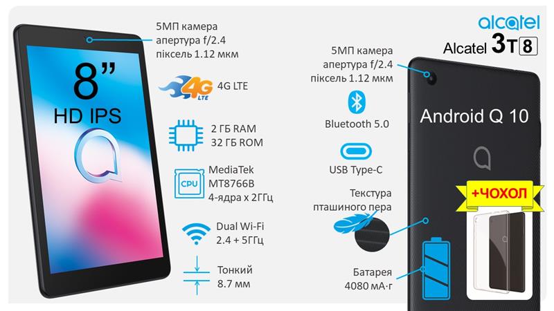 Планшет Alcatel 3T 8 2020 (9032X) 8" HD LTE 2/32GB Black + Чехол