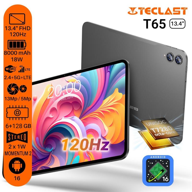 Планшет Teclast T65 13.4" 6ГБ, 128ГБ, LTE, 8000мА•год, Android, сірий