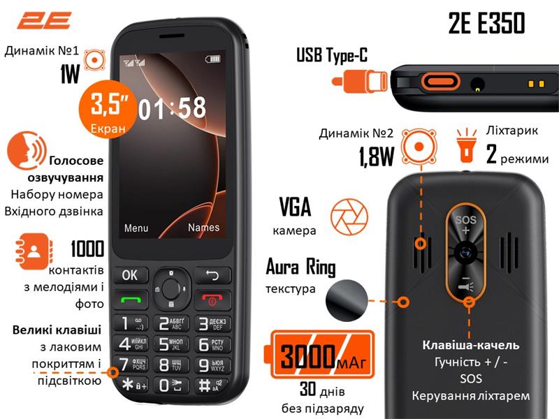 Мобільний телефон 2E E350 3.5" 2SIM, 3000мА•год, чорний