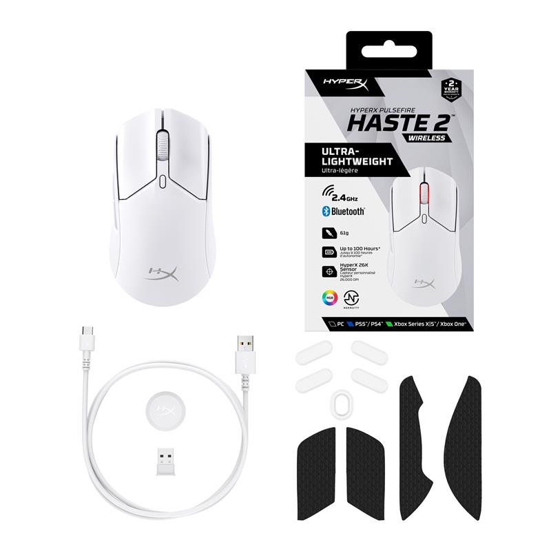 Миша HyperX Pulsefire Haste 2, RGB, USB-A/WL/BT, білий