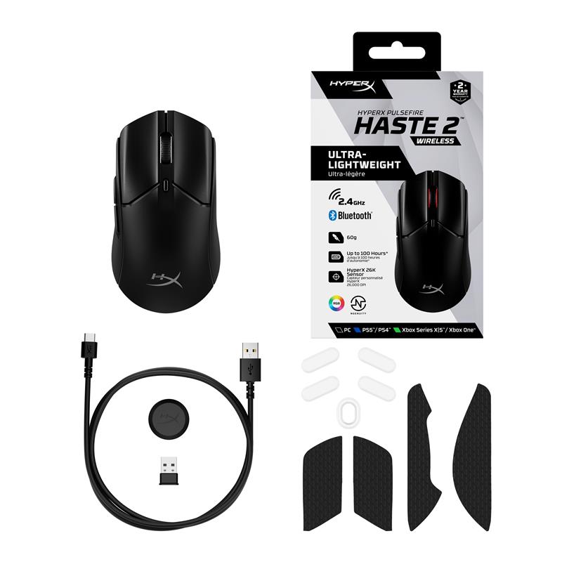 Миша HyperX Pulsefire Haste 2, RGB, USB-A/WL/BT, чорний