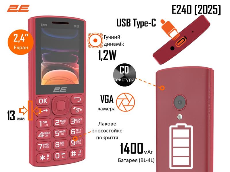 Мобільний телефон 2E E240 2025 2.4" 2SIM, 1400мА•год, червоний