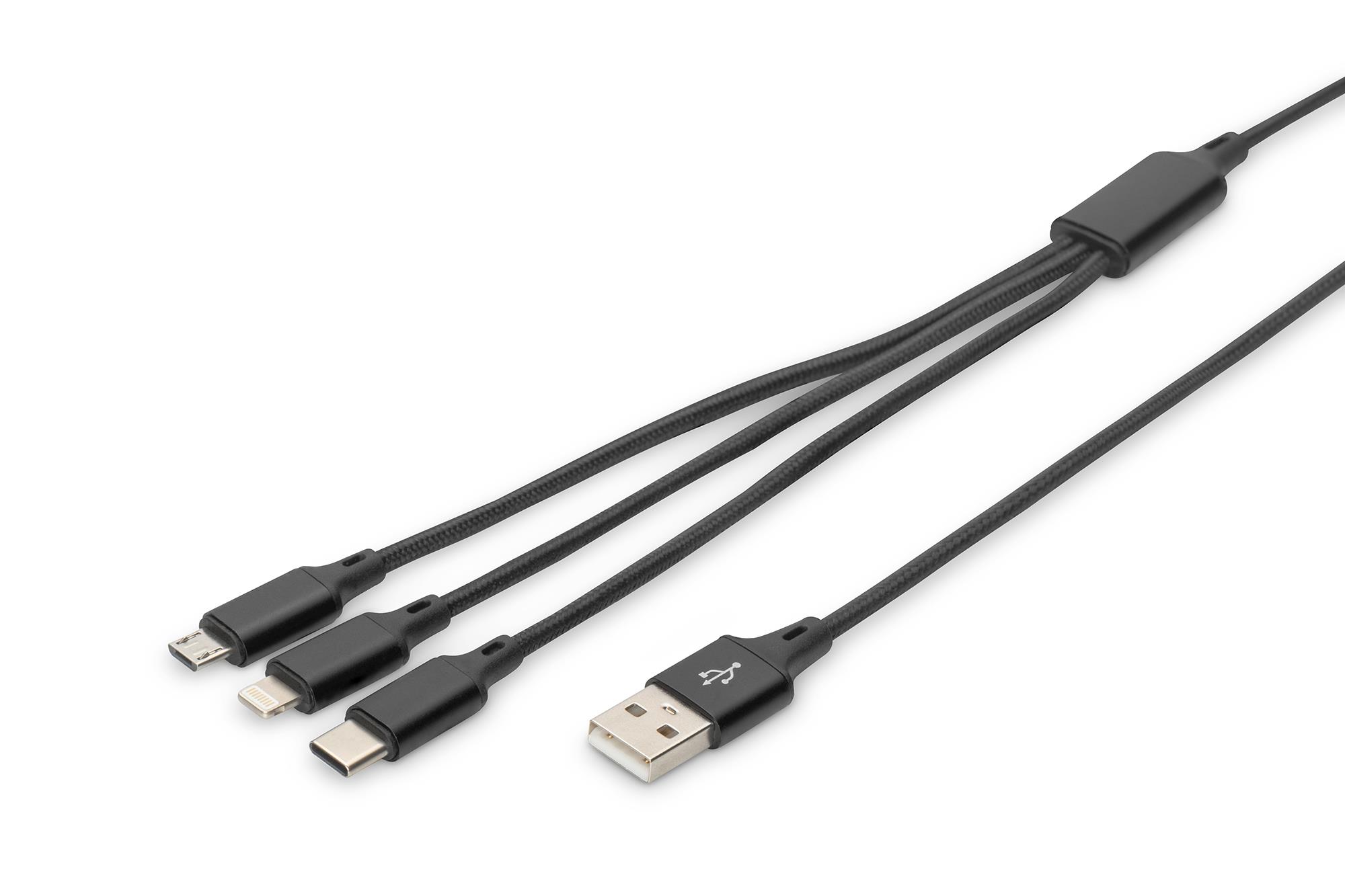Кабель DIGITUS USB-A > Lightning/USB-С/micro USB, мультизарядний 3-в-1, заряджання/синхронізація 1м, чорний
