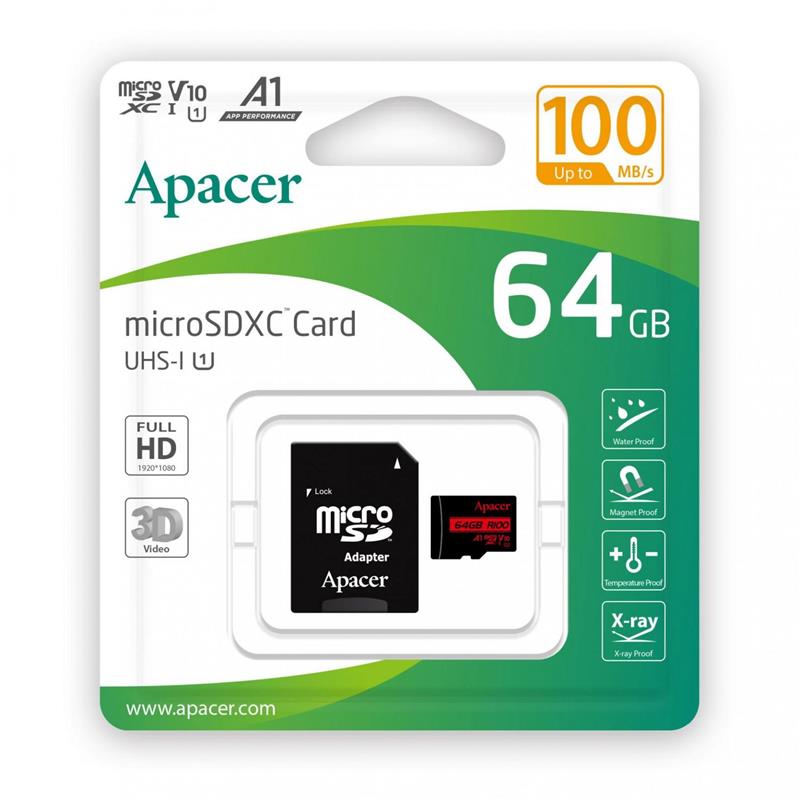 Карта пам'яті Apacer microSD 64GB C10 UHS-I R100MB/s + SD