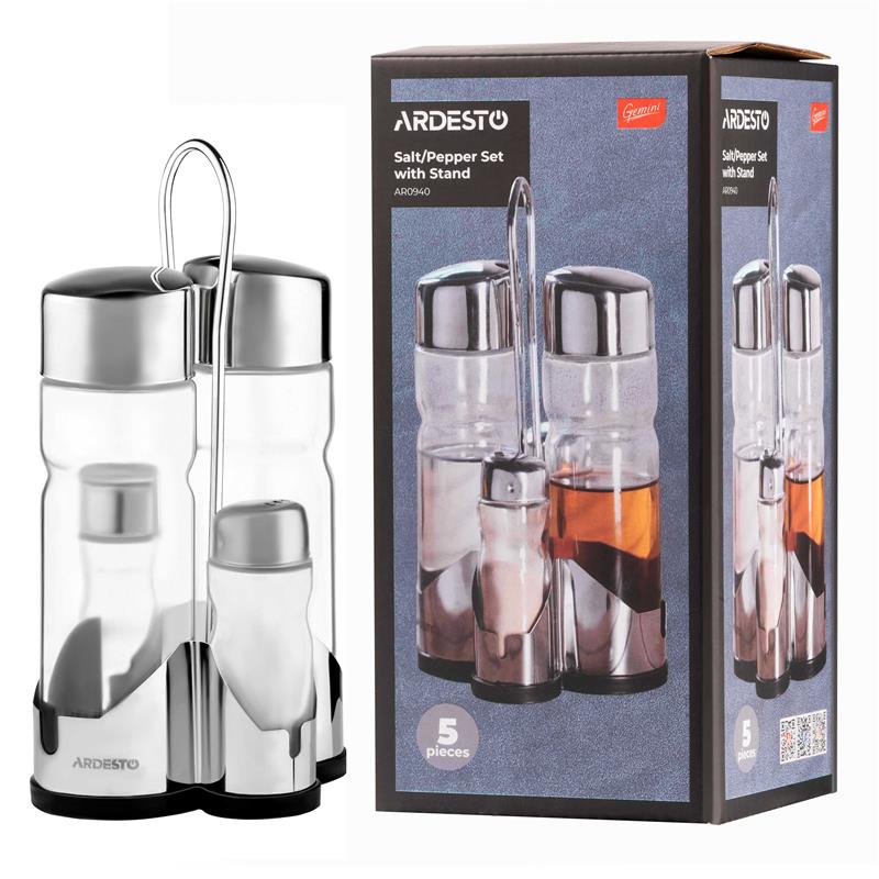 Набір для солі та перцю на підставці Ardesto Gemini, 20.5см, 5 предметів, нержавіюча сталь, скло, прозорий