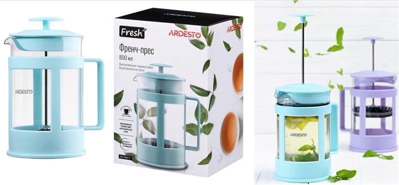 Френч-пресс Ardesto Fresh, 800 мл, голубой тифани, пластик, стекло