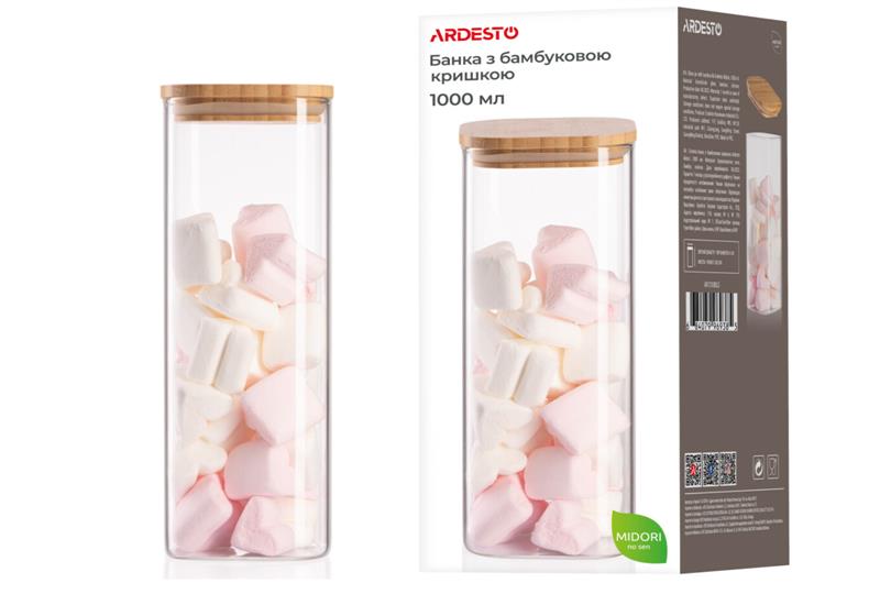 Банка для хранения Ardesto Fresh, квадратная, 1000 мл, стекло, бамбук