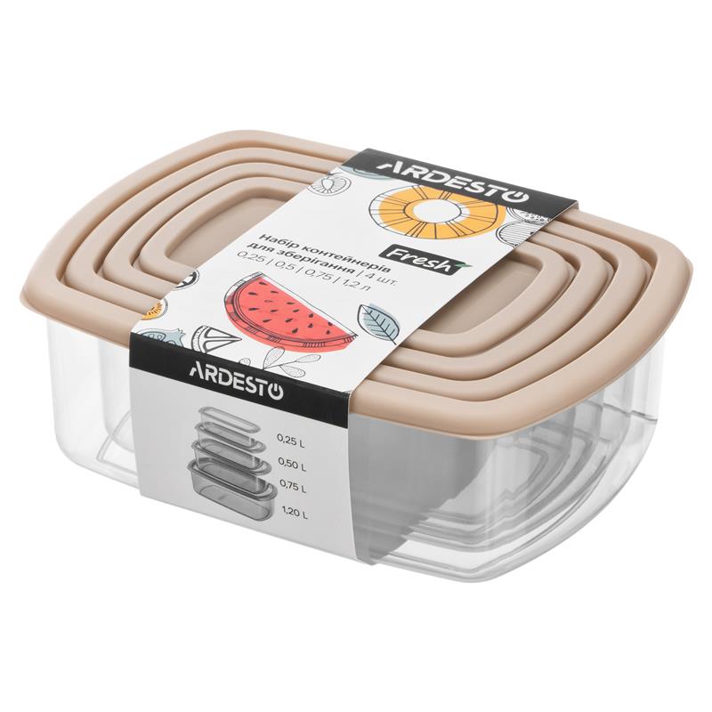 Набір контейнерів для зберігання харчових продуктів ARDESTO Fresh 0.25/0.5/0.75/1.2л, пластик, прямокутна, бежевий