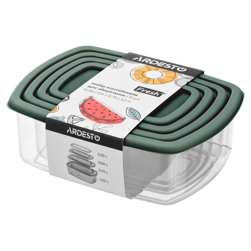 Набір контейнерів для зберігання харчових продуктів ARDESTO Fresh 0.25/0.5/0.75/1.2л, пластик, прямокутна, зелений