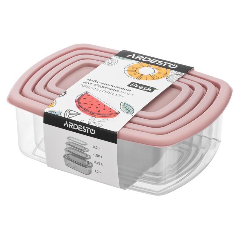 Набір контейнерів для зберігання харчових продуктів ARDESTO Fresh 0.25/0.5/0.75/1.2л, пластик, прямокутна, рожевий