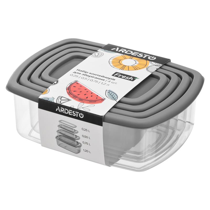 Набір контейнерів для зберігання харчових продуктів ARDESTO Fresh 0.25/0.5/0.75/1.2л, пластик, прямокутна, сірий