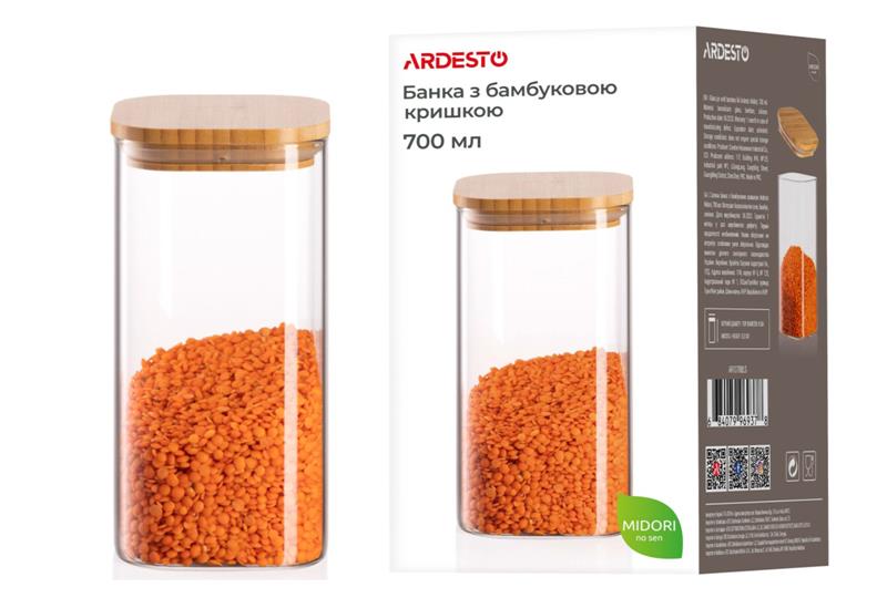 Банка для хранения Ardesto Fresh, квадратная, 700 мл, стекло, бамбук