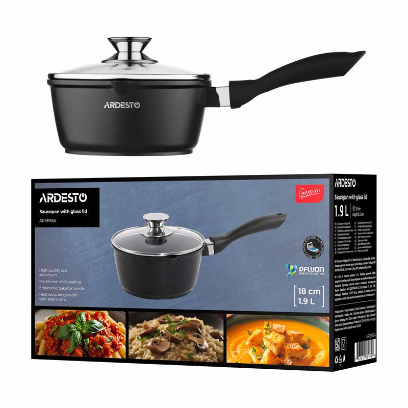 Ківш зі скляною кришкою ARDESTO Gemini Lazio, 1.9л, алюміній, чорний