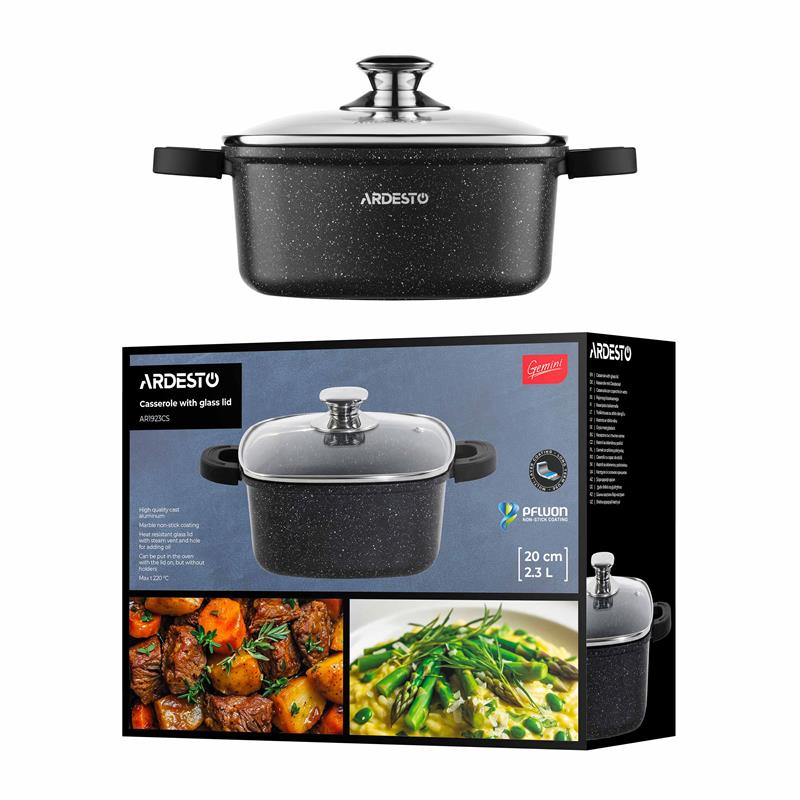 Каструля зі скляною кришкою ARDESTO Gemini Piemonte, 2.3л, алюміній, квадратна, чорний