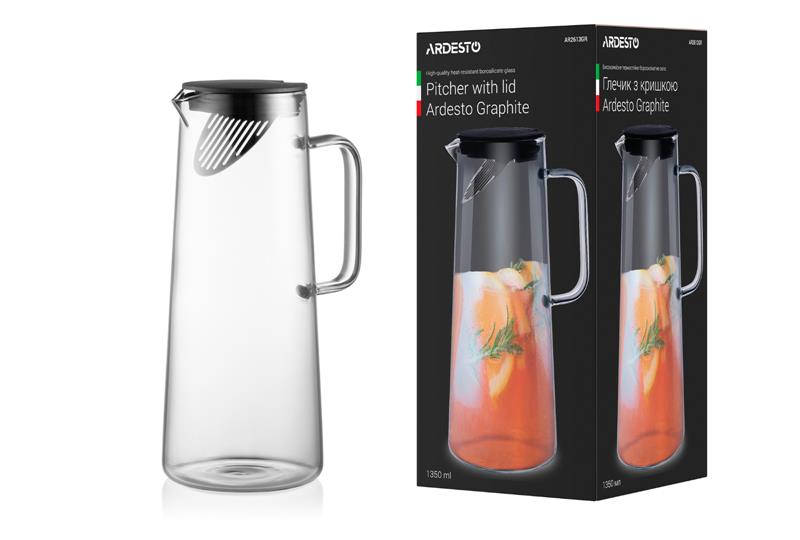 Глечик з кришкою ARDESTO Graphite, 1350мл, боросилікатне скло, пластик, нержавіюча сталь, сірий