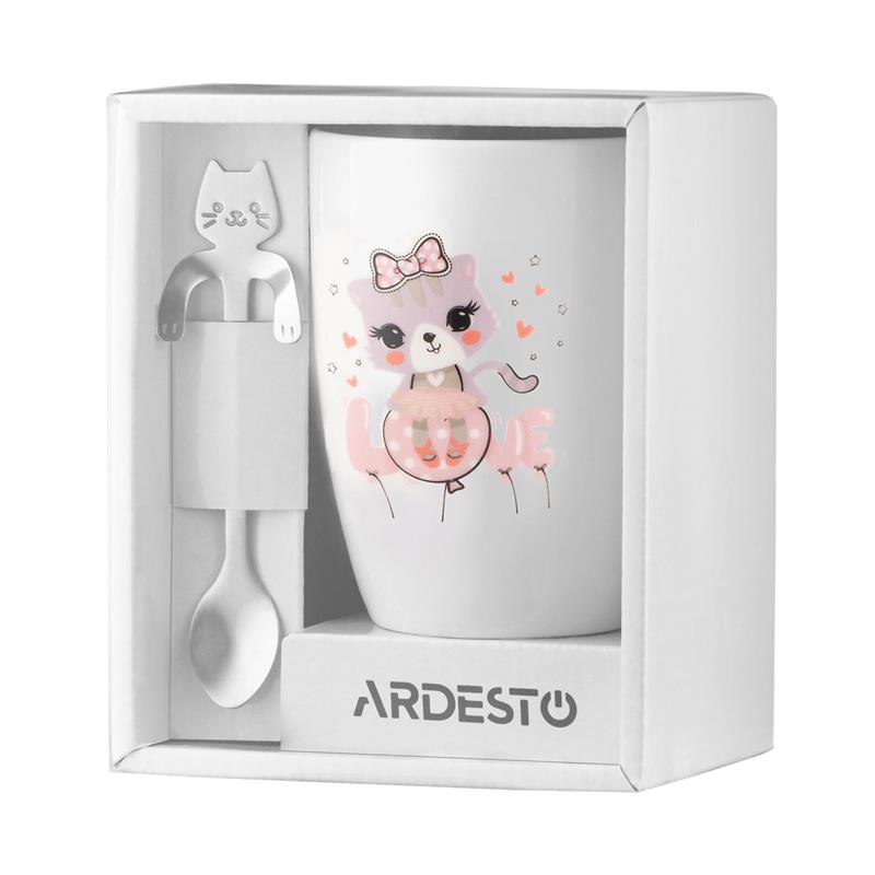 Чашка з ложкою ARDESTO Love, 320мл, порцеляна, нержавіюча сталь, білий
