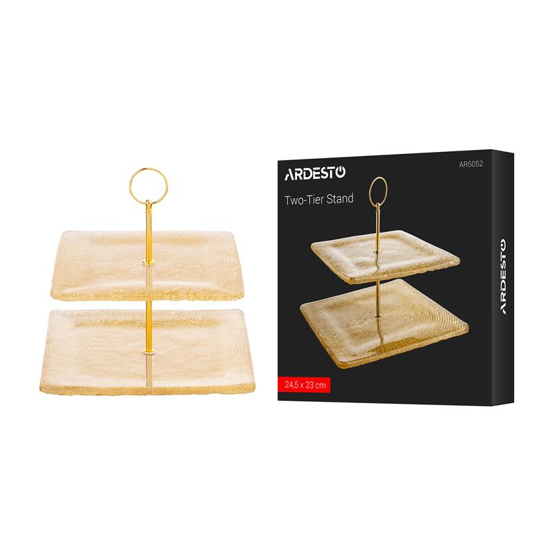Блюдо 2-х ярусне ARDESTO Golden ice 24.5х23см, скло, матал, квадратна, золотистий