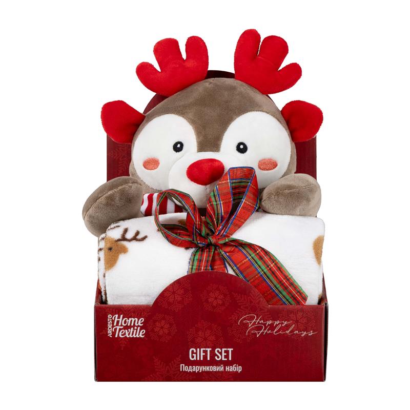 Набір ARDESTO Christmas Deer 2 предмети: плед 90х75см, декор. іграшка 24см, 100% поліестер, сірий