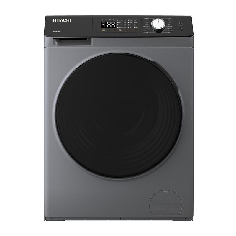 Пральна машина Hitachi фронтальна, 8кг, 1400, B, 60см, дисплей, пара, інвертор, люк чорний, cріблястий