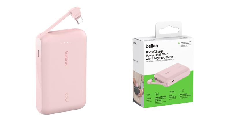 Акумулятор портативний літій-іонний Power Bank Belkin 10000мА·год, 20Вт, з інтегрованим кабелем USB-C, рожевий