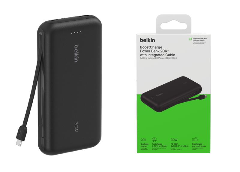 Акумулятор портативний літій-іонний Power Bank Belkin 20000мА·год, 30Вт, з інтегрованим кабелем USB-C, чорний