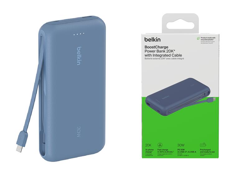 Акумулятор портативний літій-іонний Power Bank Belkin 20000мА·год, 30Вт, з інтегрованим кабелем USB-C, синій