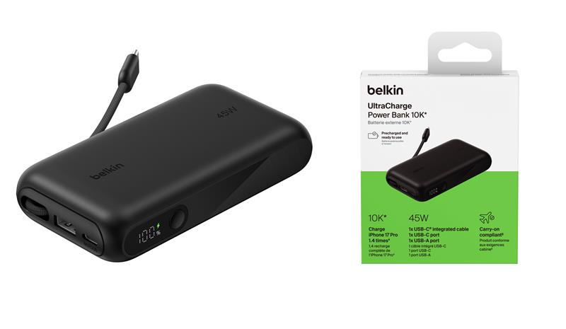 Акумулятор портативний літій-іонний Power Bank Belkin 10000мА·год, 45Вт, з інтегрованим кабелем USB-C, чорний