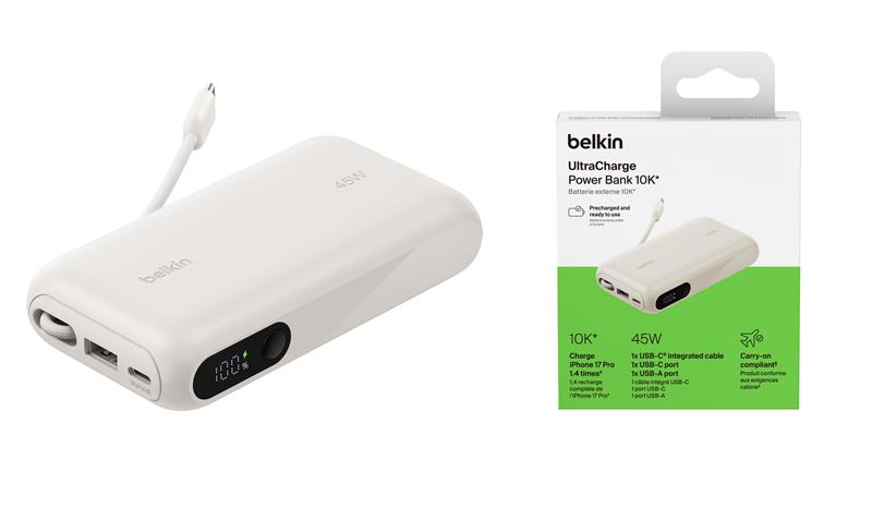 Акумулятор портативний літій-іонний Power Bank Belkin 10000мА·год, 45Вт, з інтегрованим кабелем USB-C, пісочний