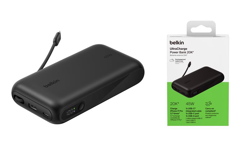 Акумулятор портативний літій-іонний Power Bank Belkin 20000мА·год, 45Вт, з інтегрованим кабелем USB-C, чорний