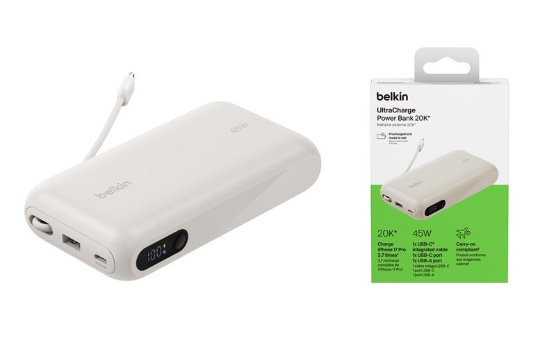 Акумулятор портативний літій-іонний Power Bank Belkin 20000мА·год, 45Вт, з інтегрованим кабелем USB-C, пісочний