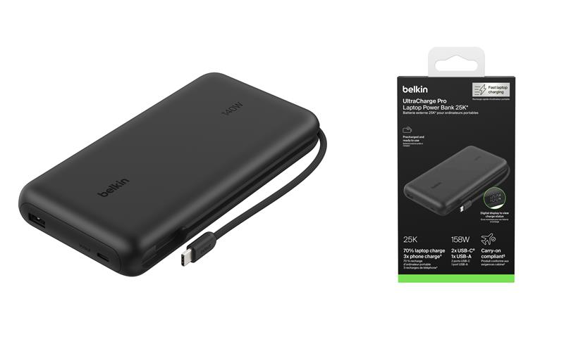 Акумулятор портативний літій-іонний Power Bank Belkin 25000мА·год, 158Вт, з інтегрованим кабелем USB-C, чорний