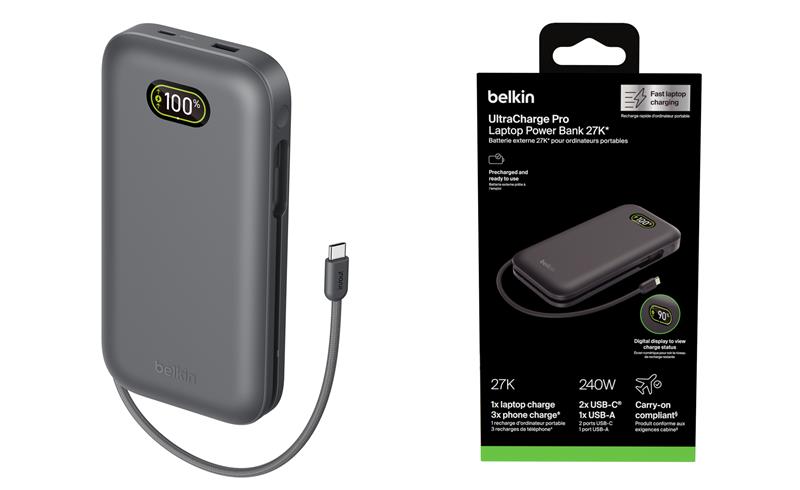 Акумулятор портативний літій-іонний Power Bank Belkin 27000мА·год, 240Вт, з інтегрованим кабелем USB-C, сірий