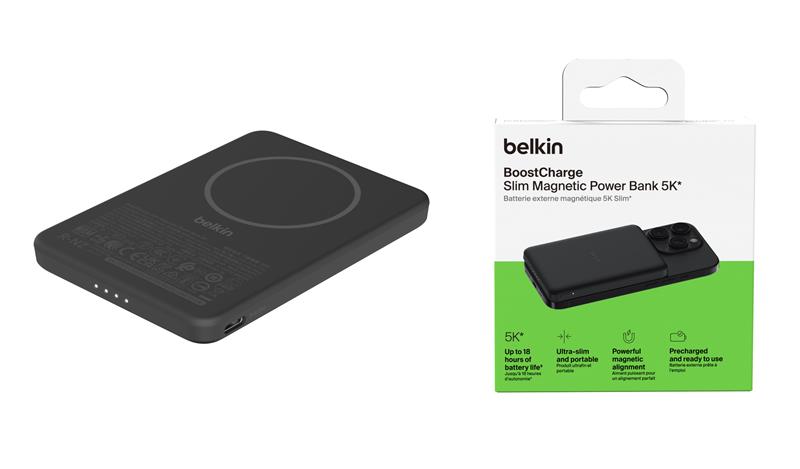Акумулятор портативний літій-іонний Power Bank Belkin 5000мА·год, 15Вт/Qi2 7.5Вт, Slim Magnetic, чорний