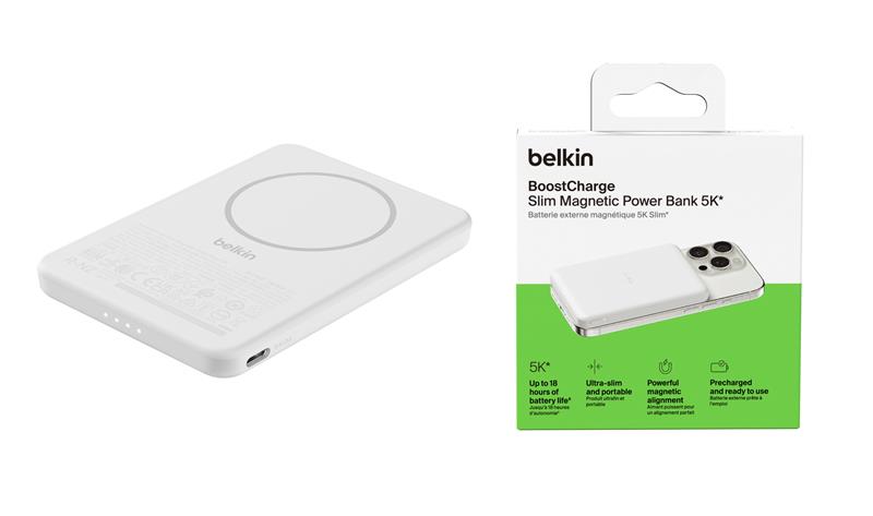 Акумулятор портативний літій-іонний Power Bank Belkin 5000мА·год, 15Вт/Qi2 7.5Вт, Slim Magnetic, білий