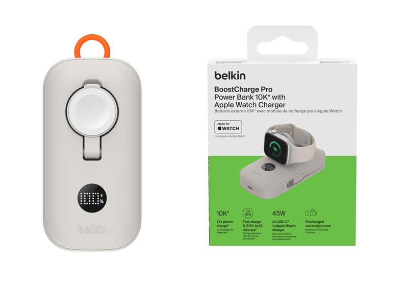 Акумулятор портативний літій-іонний Power Bank Belkin 10000мА·год, 45Вт, з інтегрованим кабелем USB-C, Apple Watch Charger