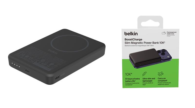 Акумулятор портативний літій-іонний Power Bank Belkin 10000мА·год, 20Вт PD/Qi2 7.5Вт, Slim Magnetic, чорний