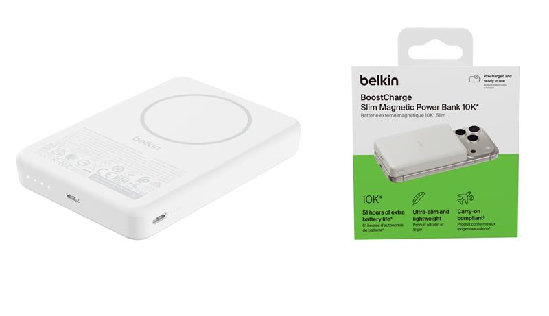 Акумулятор портативний літій-іонний Power Bank Belkin 10000мА·год, 20Вт PD/Qi2 7.5Вт, Slim Magnetic, білий