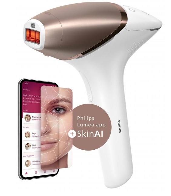 Фотоепілятор Philips Lumea IPL 9900 Series, акумуляторний , кіл-ть спалах.-450000, 2-4 см2, насадок-3, футляр, біло-золотий